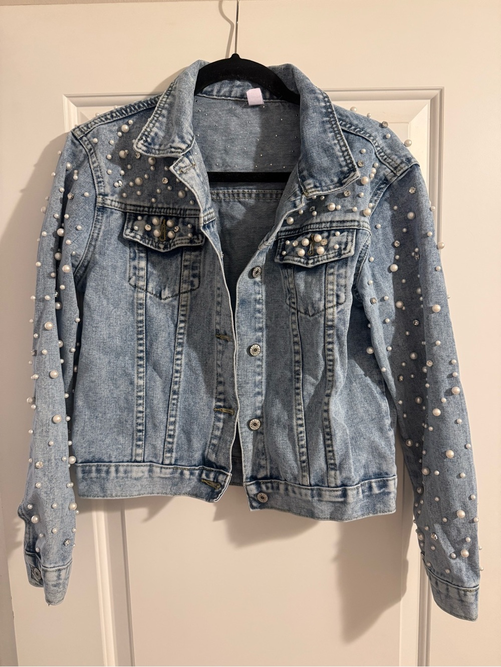 Pearl-Embellished Light Blue Denim Jacket - Perfect Bridal Jacket!